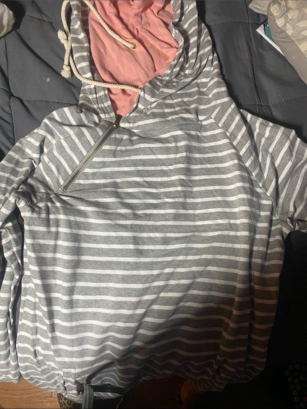 AMPERSAND AVE Gray & White Striped Hoodie with Pink Hood Lining